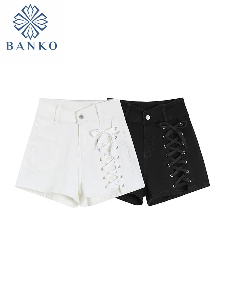 

Женские однотонные шорты с завышенной талией, джинсовые брюки, модные винтажные уличные джинсы в стиле Харадзюку с завязками