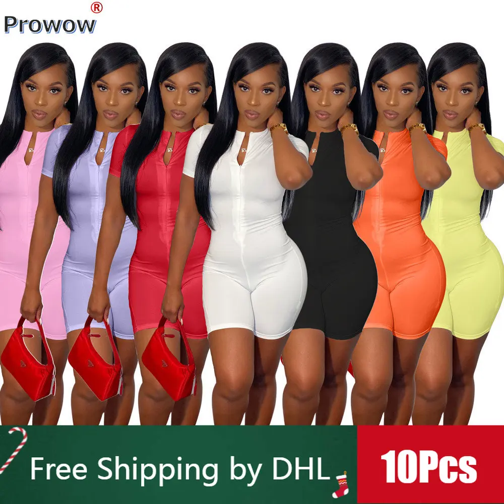 10 Pcs Bulk Women Bodycon Rompers Solid Short Sleeve Bodysuit 2023 Summer Casual Zipper Playsuits Sports Clothing Wholesale 9366