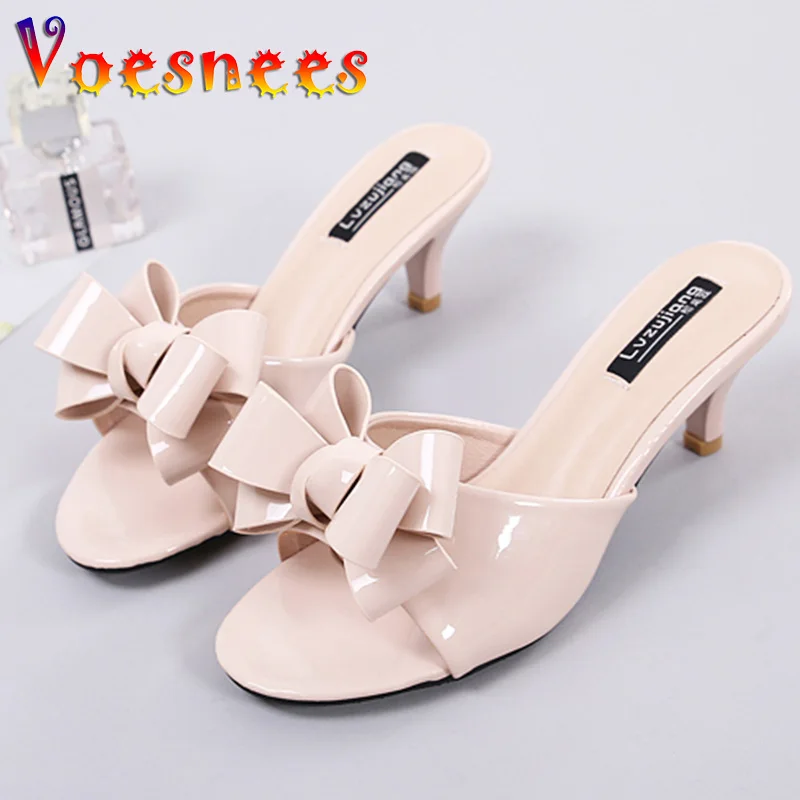 

Outside Wear Korean Version Slippers Female Summer Low Heel Thin Heels Butterfly-knot Flower Fishmouth one word Kitten Heel Shoe