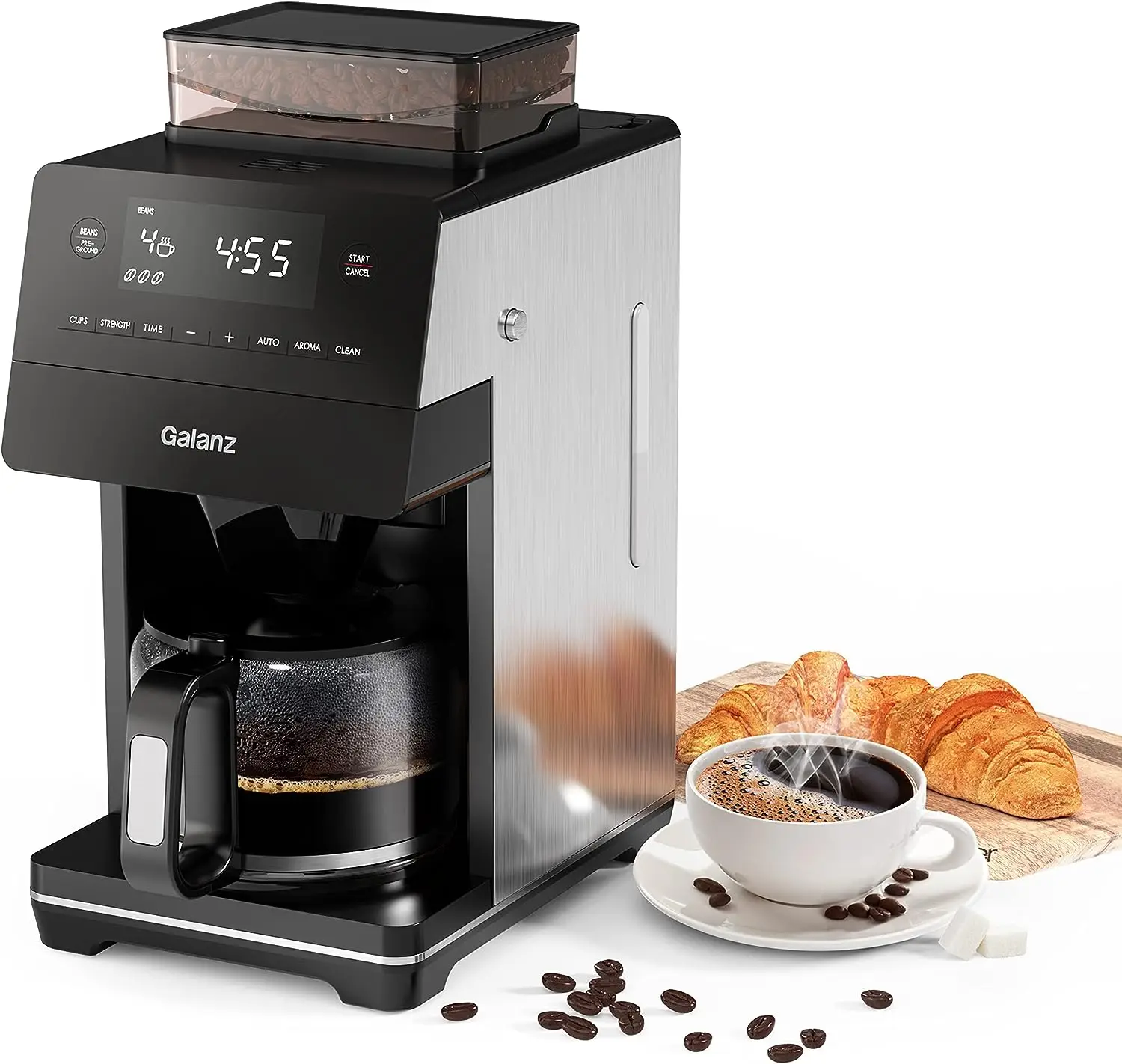 

Grind and Brew Coffee Maker with Adjustable Grind Size, Digital LED Touch Screen, Removable Coffee Filter Basket, Clean Indicato