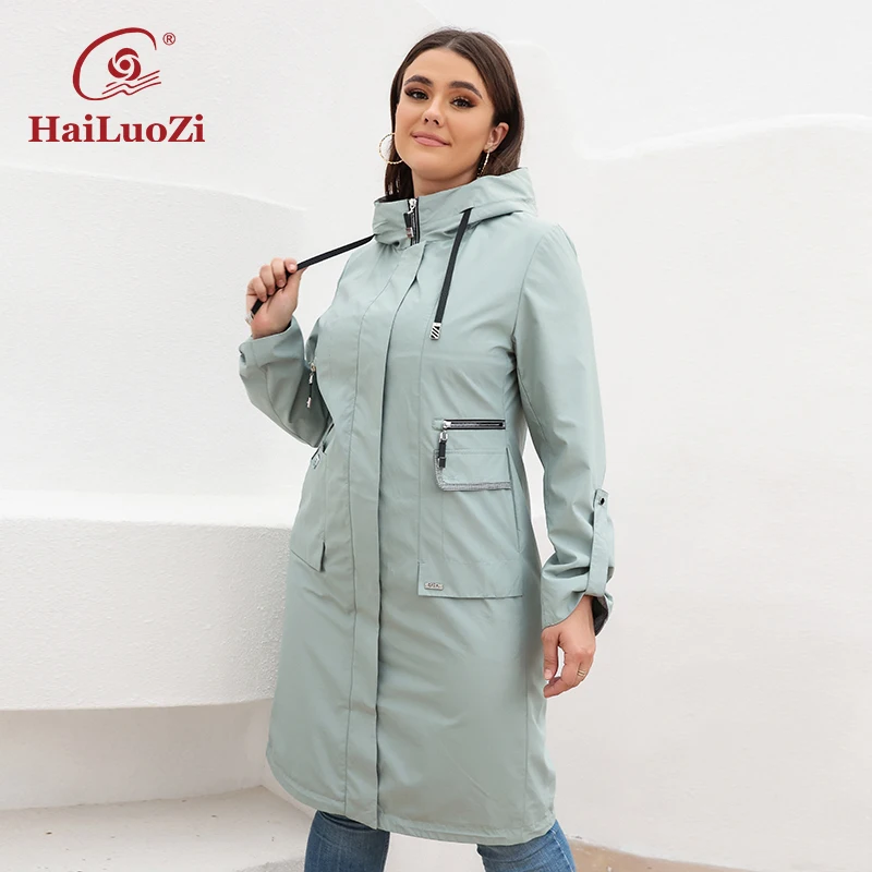 HaiLuoZi New Spring Women's Trench Coat Mid-Length Waterproof Hooded Jacket Women Plus Size Sports Solid Color Windbreaker 9666