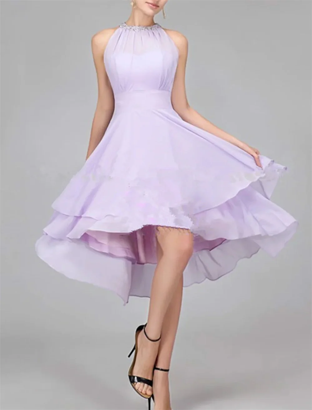 

A-Line Flirty Elegant Homecoming Cocktail Party Dress Halter Neck Sleeveless Asymmetrical Chiffon with Crystals Tier