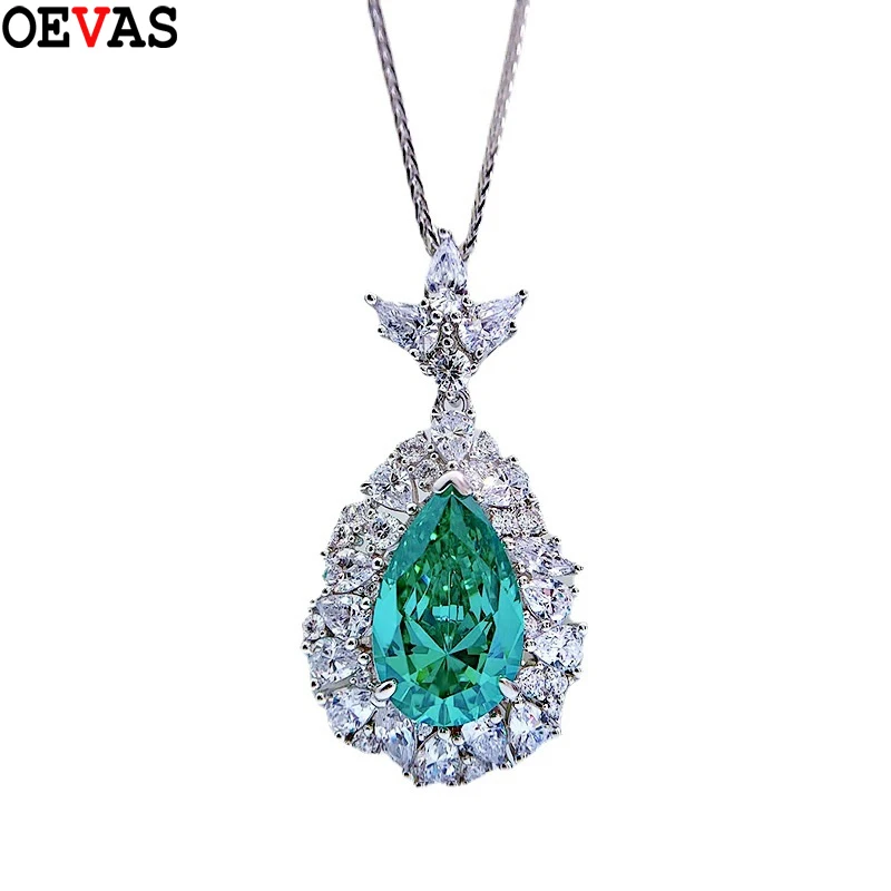 

OEVAS 100% 925 Sterling Silver Paraiba 10*16mm Pear Necklace High Carbon Diamond For Women Sparkling Wedding Party Fine Jewelry