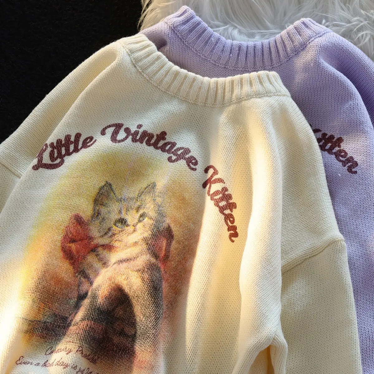 

Свитер оверсайз в стиле хип-хоп с рисунком забавного котенка и автомобиля, Повседневный пуловер в Корейском стиле Харадзюку с круглым вырез...