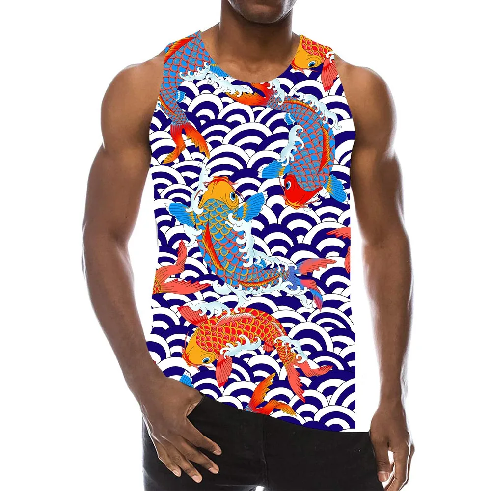 

Myth Lucky Fish Graphic Tank Tops For Men 3D Print Sleeveless Carp Leaping Over The Dragon Gate Pattern Top Beach Vest Tank