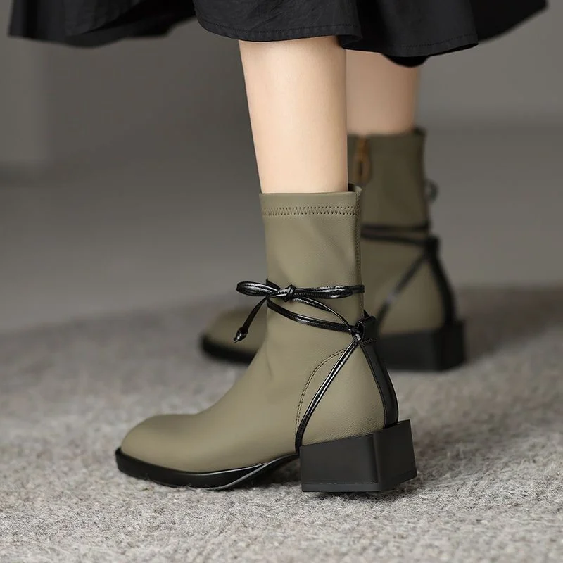2022 Fashion Ankle Boots Thick Bottom Zipper Pu Leather Autumn Botas De Mujer Square Toe Mid-heel Winter Short Boots New