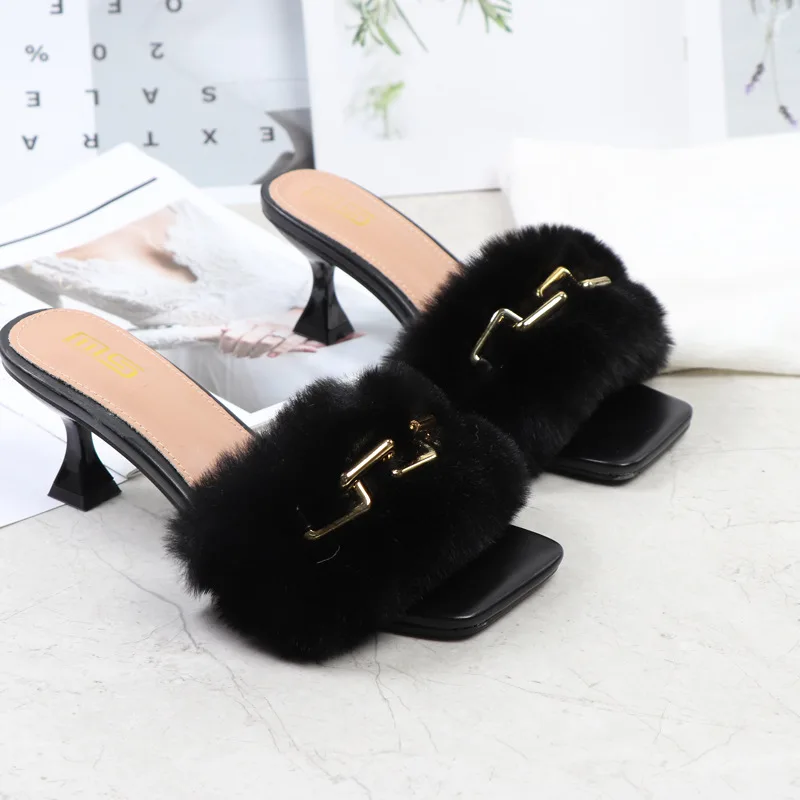 Summer Women High Heels Sandals Mules Slides Low  Metal Chain Furry Slippers Sexy Outdoor Shoes Fluffy  Zapados Mujer