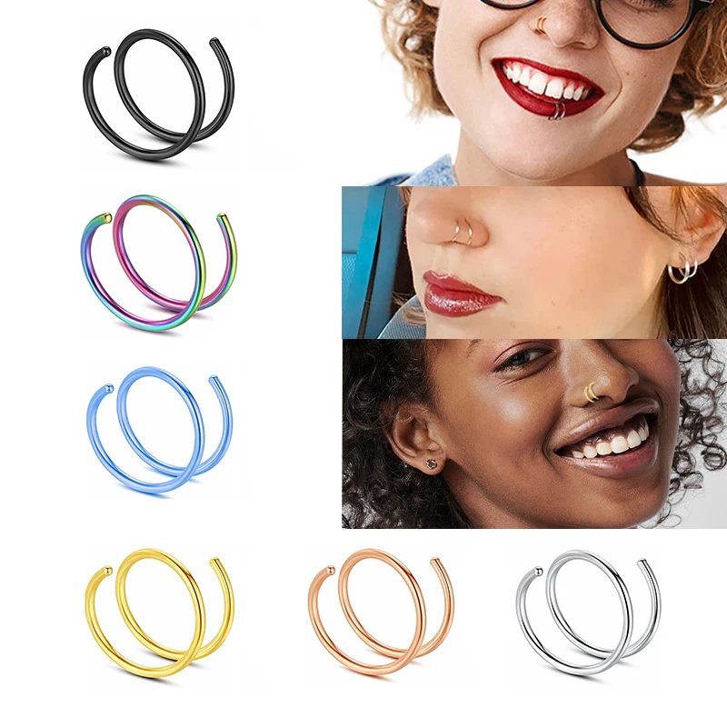 

Stainless Steel Double Nose Hoop Rings Mixed Color Body Clips Hoop Set For Women Men Mouth Ear Piercing Jewelry Size 0.8mm