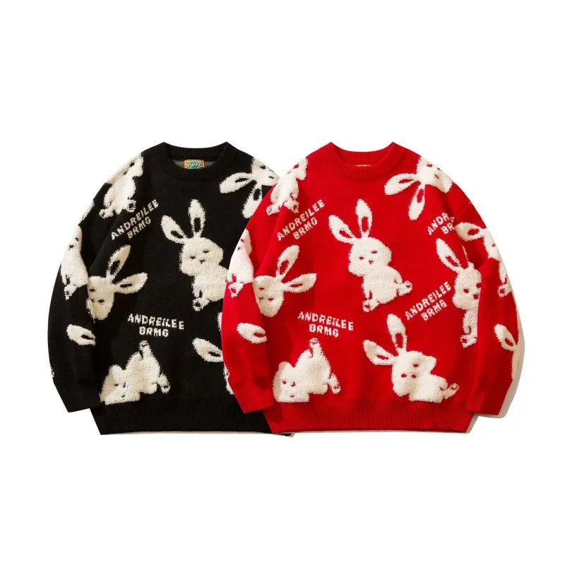 

Winter Men's Cartoon Rabbit Sweater Loose Couple Sweater For Autumn And Winter Men Men And Women Alike Red Sweater Crewneck Top
