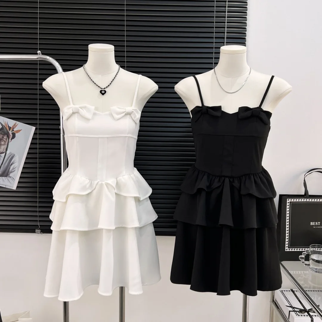 

Sexy Bow Halter Mini Dresses For Women Long-Sleeved Layered Skirt Clothing Summer French Fashion Dress A-line Hip Skirt