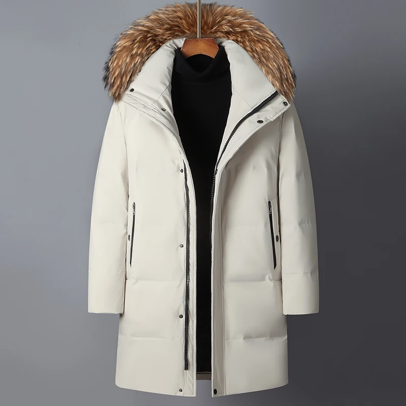 2022 Men's Down Jacket Mid-Length Winter Thick 90% White Duck Down Jacket Natural Animal Fur Collar Multi-Pockets Overcoat Men