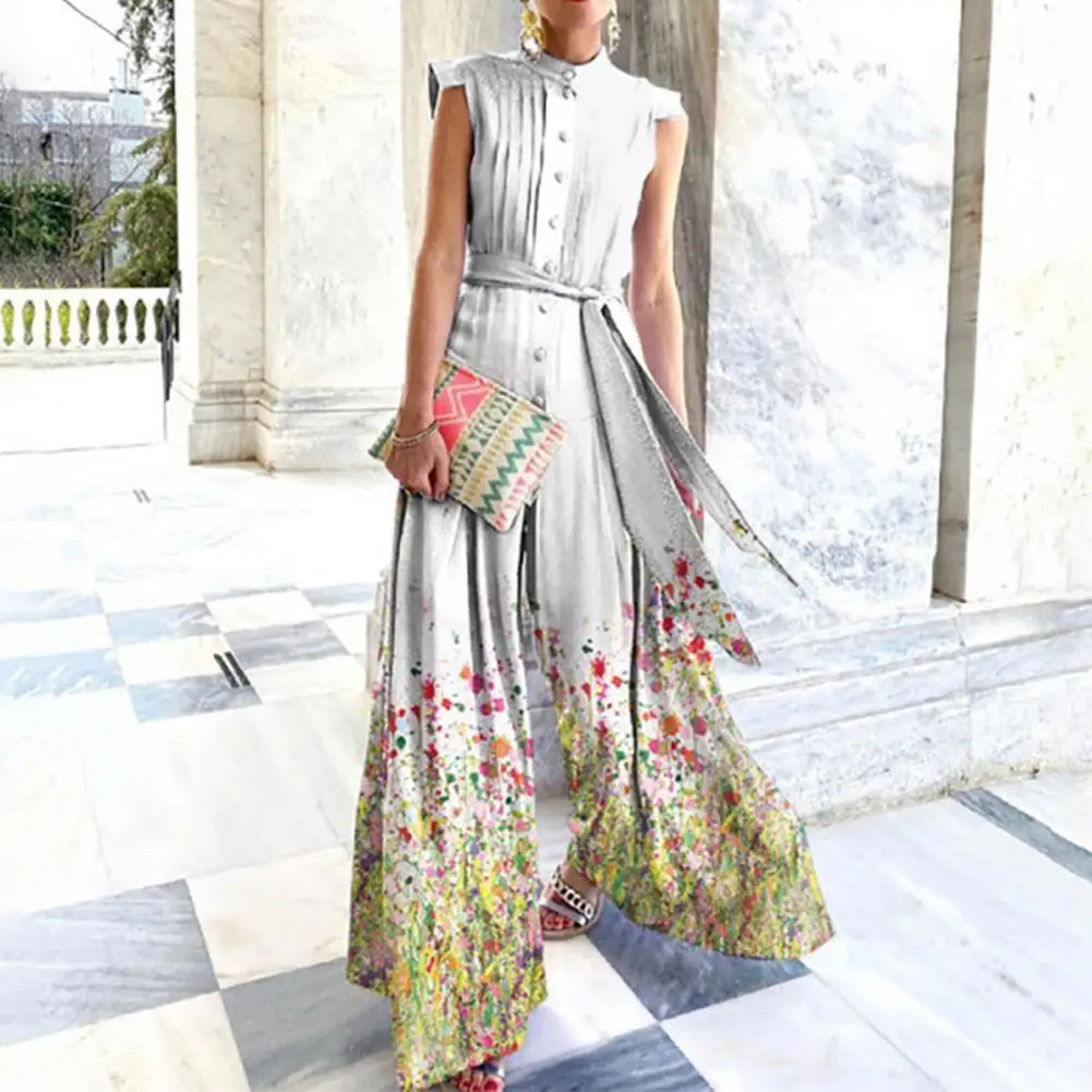 

Office Lady Jumpsuit Floral Print Romper Patchwork Floral Print Stand Collar Jumpsuit Loose Jumpsuit for Party