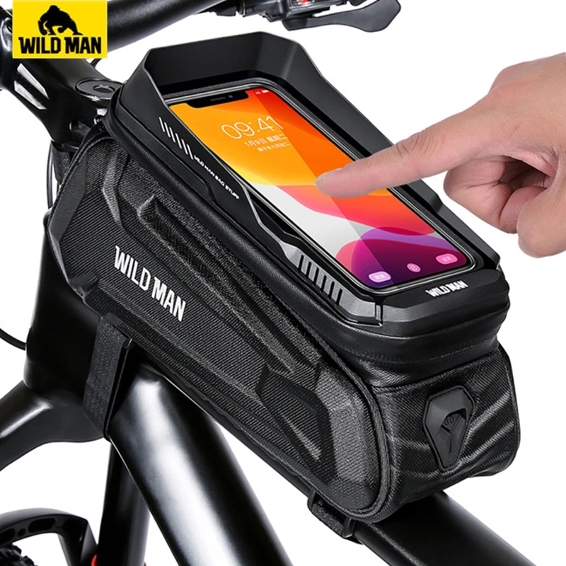 WILD MAN Hard Shell Bicycle Top Tube Bag Waterproof Bike Bag 6.8" Mobile Phone Case Touch Screen Cycling Bag Mtb Accessories
