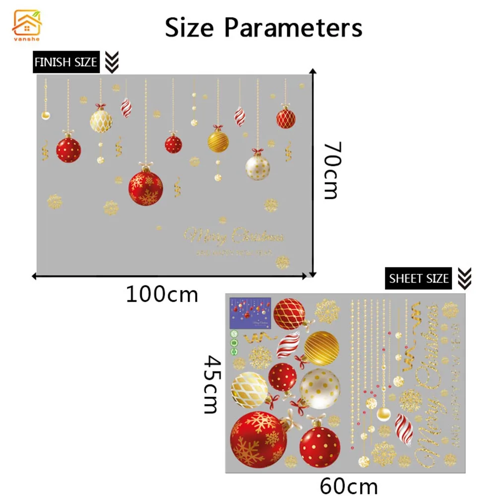 

1pc Merry Christmas Ball Wall Casement Stickers XMAS Home Shop Decor 45*30cm Christmas Wall Ornaments