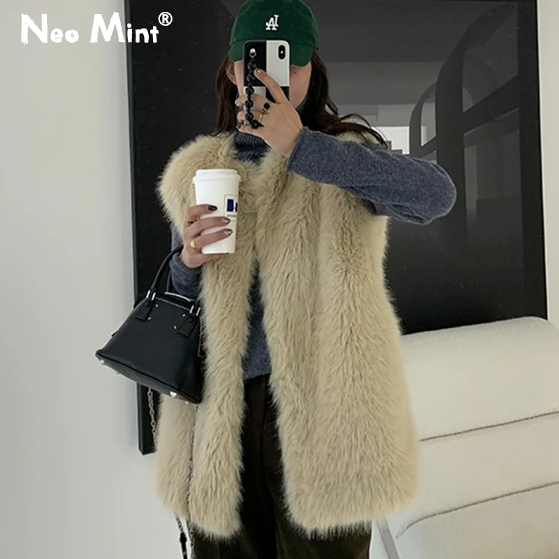 

Chic Street Fashion Girls Solid Faux Fox Fur Vest Top Women 2023 Autumn Retro Long Oversized Shaggy Fluffy Furry Waistcoat Gilet