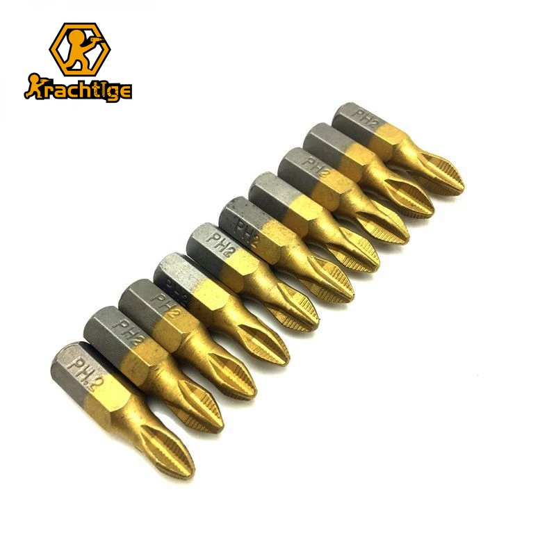 

Krachtige 10pcs 25mm Screwdriver Head 1/4" Shank Anti Slip PH2 Titanium Coated Screwdriver Drill Bits