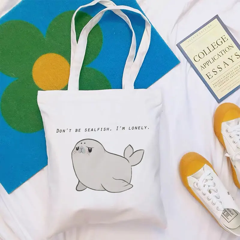 

Холщовые сумки на плечо с забавными надписями морского льва, милые повседневные вместительные Мультяшные тоуты в стиле Харадзюку, женская ...