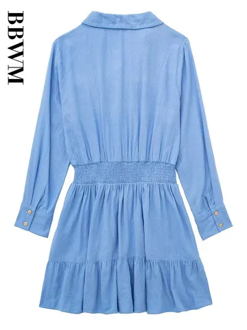 Blue Linen Dress Women Elastic Waist Shirt Dress 2023 Woman Vintage Long Sleeve Pleated Dresses Summer Chic Elegant Mini Dress