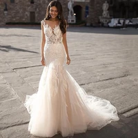 luxury lace mermaid wedding dress 2022 v neck boho tulle sleeveless bride gown illusion tulle customized train vestido de novia