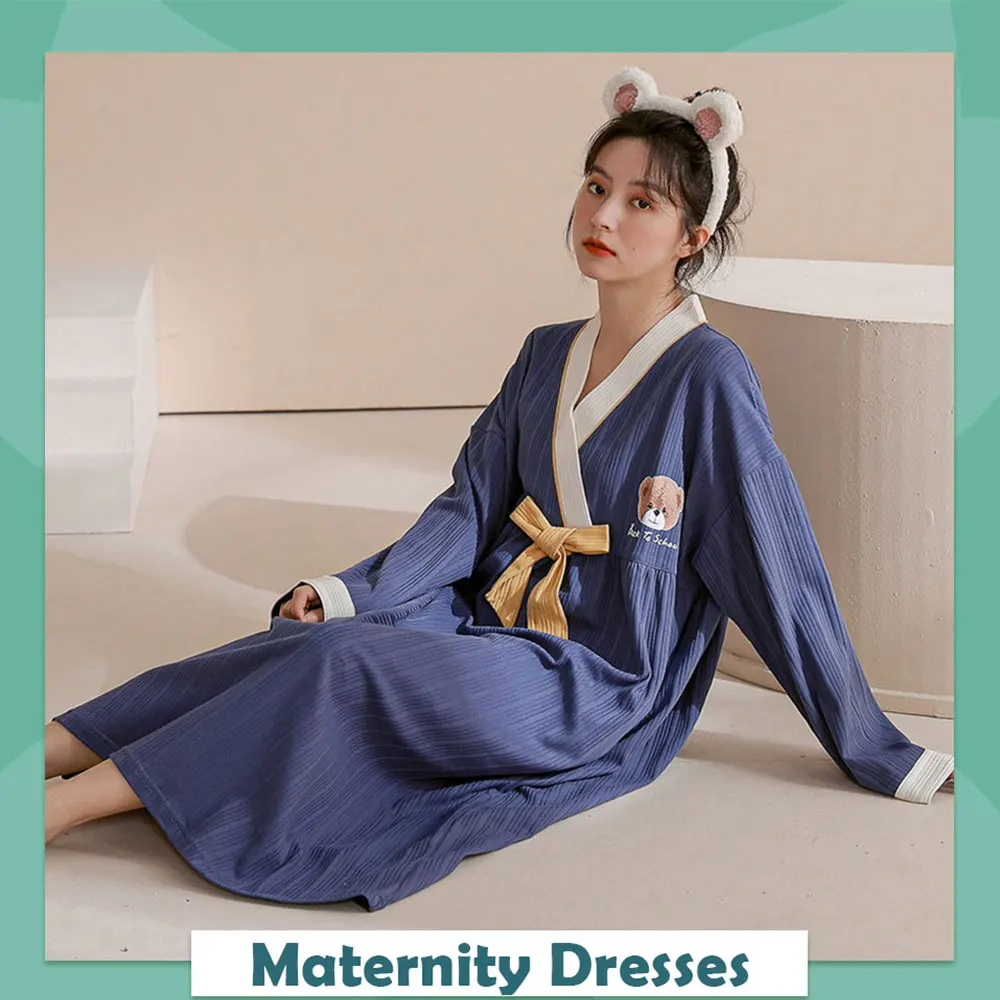 

Spring Summer Thin Cotton Long Woman Nightdress Japanese Style Cartoon Home Outdoor Maternity Dress Skin Friendly Mother Clothes