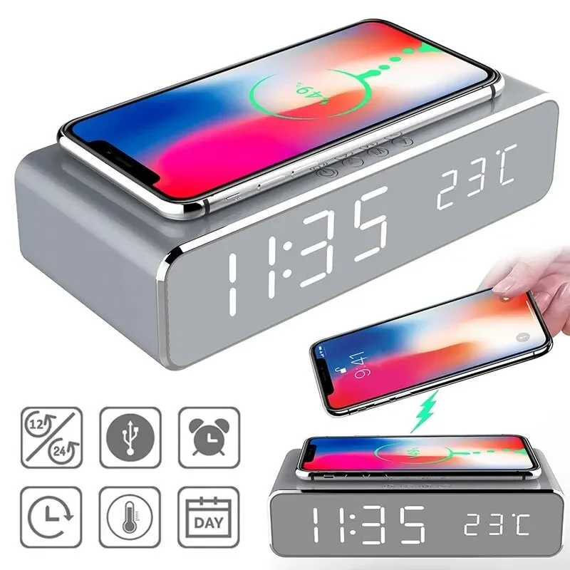 

Wireless Charger Time Alarm Clock LED Digital Thermometer Earphone Phone Chargers Fast Charging Dock Station for iPhone Samsung