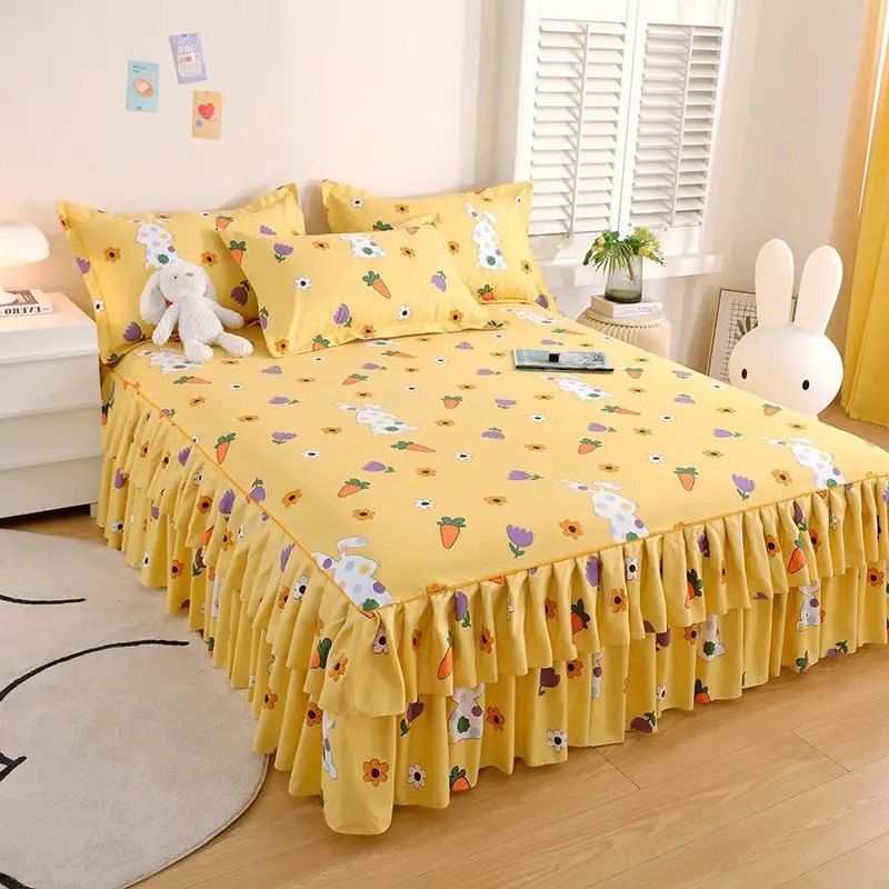 3pcs/Lot Korean Style Thickened Brushed Single Bed Skirt 1pc + Pillowcase 1.2m/1.5m/1.8m/2.0m Machine Washable