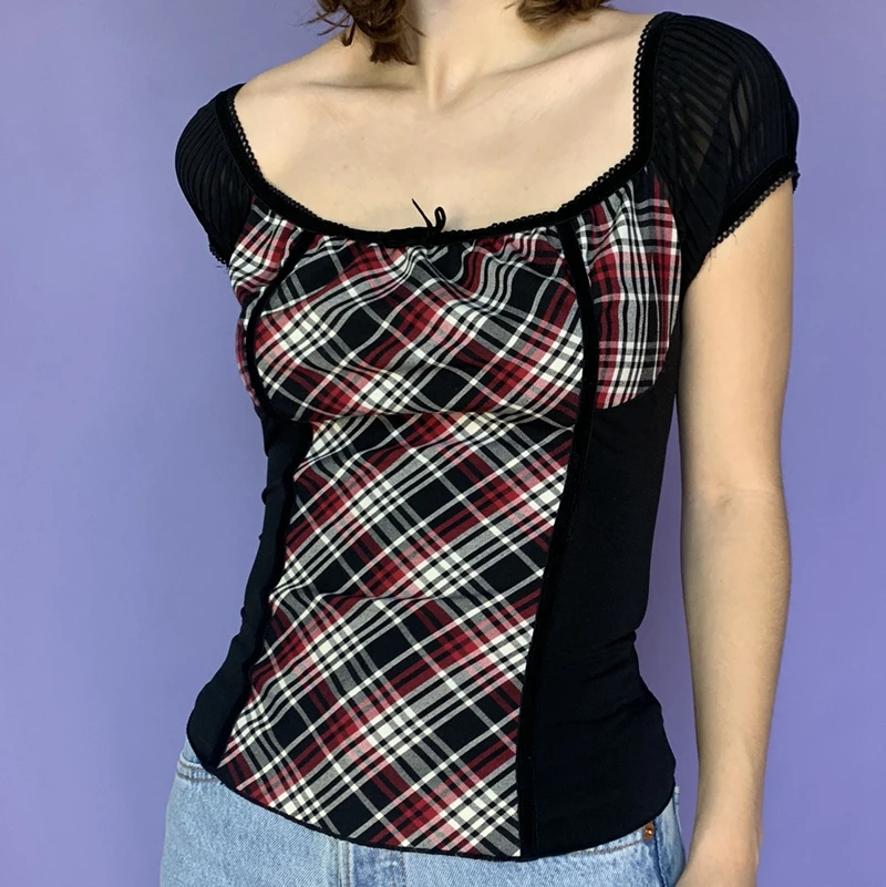 

Grunge Plaid Patchwork T-shirt 90s Vintage Square Collar Short Sleeve Pullovers Tees Y2K Aesthetic Fairy Kawaii Crop Top Women