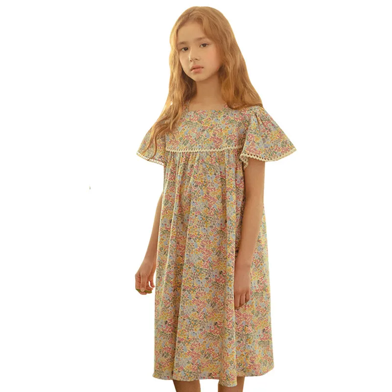 

kids girls floral print knee length beach dress 2 to 16 years kids teen girls summer cotton casual ruffle flare flower dresses