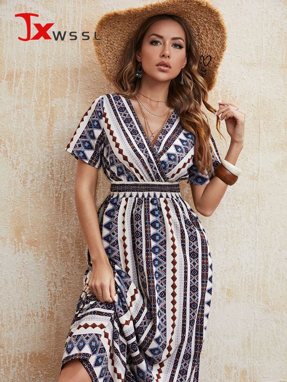 

Vintage Print Long Summer Dress For Women Casual V Neck Elastic High Waist Short Sleeve Dresses Street Female Robe Vestidos
