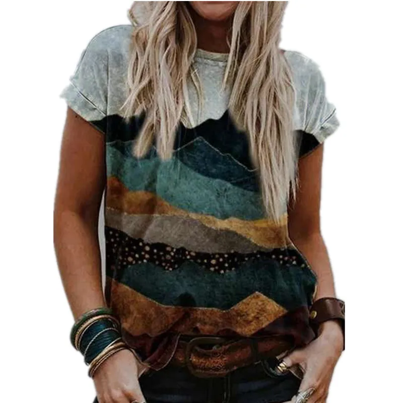 

2022 Short Sleeve T Shirt Women Oil Painting Landscape Print T Shirt Casual O-Neck Tops Loose Streetwear