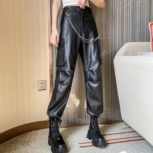 

Luxury brand Cargo Women Genuine Leather Pants Woman Real Cowhide Womens Cloth Full Length Trousers Ropa Mujer TN1218