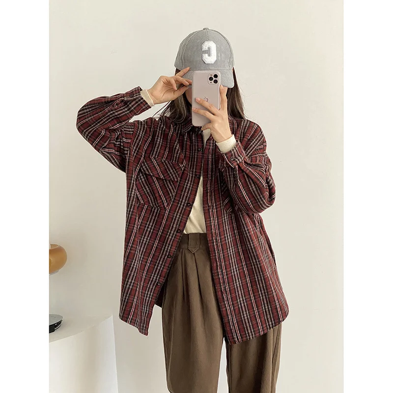 Navy Blue Plaid Blazer Suit Women Casual Cardigan Style Shirt Blazer Office 2023 New Street Fashion Single Commute Suit Breasted