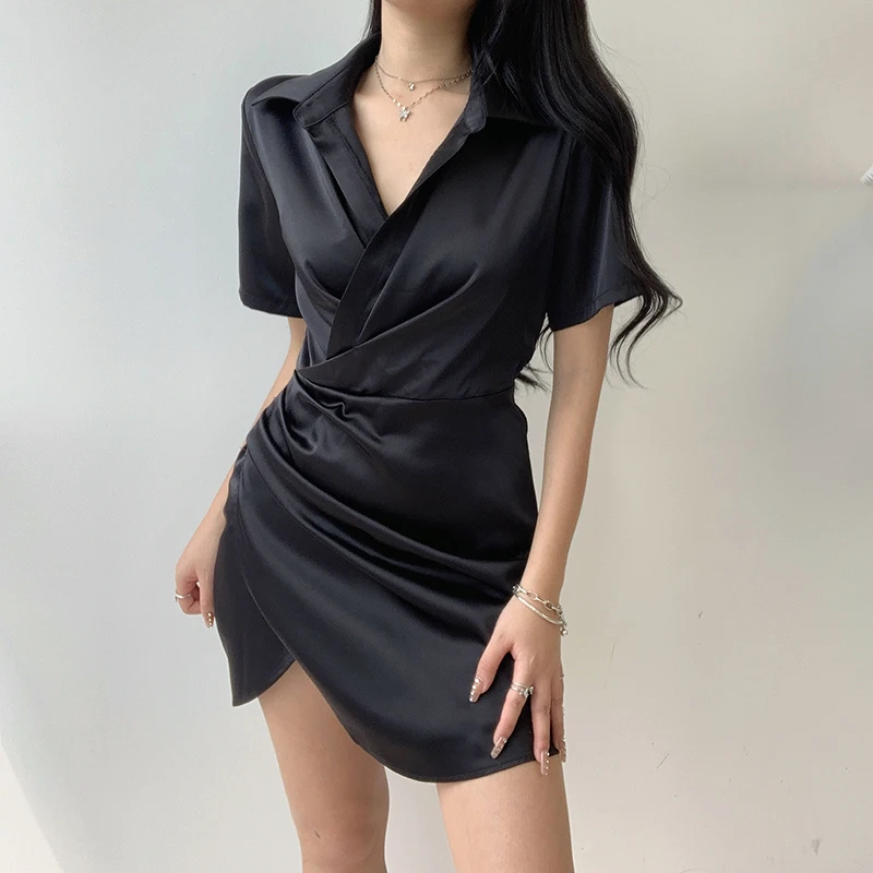 

Weekeep sexy deep V-neck kink waist thin irregular shirt skirt women's drape versatile Hip Wrap Dress