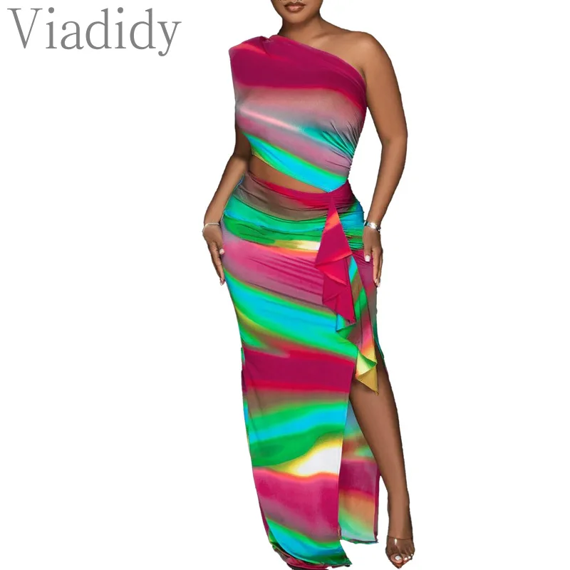 

Women Sexy Print Sleeveless One Shoulder Ruffles Decor Maxi Dress