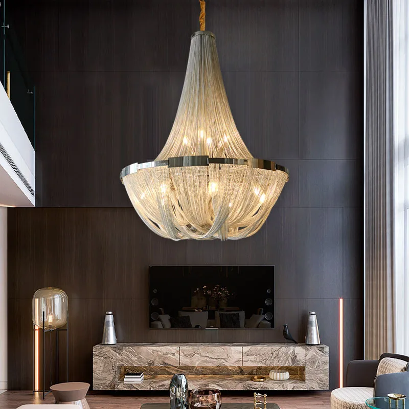 

Modern Luxury Living Room Duplex Building Large Chandelier Apartment Villa Duplex Creative Aluminum Chain Tassel Stair Light