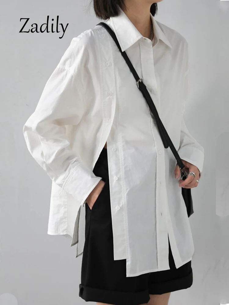 

Zadily 2023 Spring New In Office Lady Long Sleeve Asymmetrical White Shirt Women Loose Double Breasted Button Tunic Blouse Tops