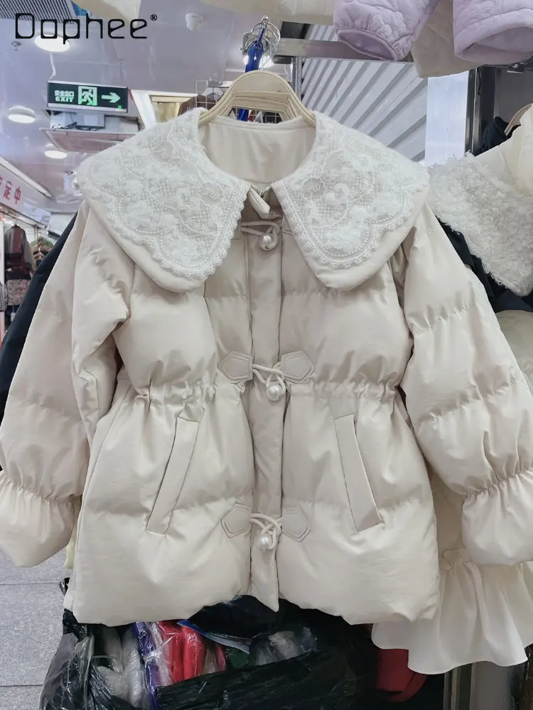 

Cute Women Lace Peter Pan Collar Waist-Tight Warm Cotton Jacket 2022 Winter New Korean Style Female Thickened Cotton-Padded Coat