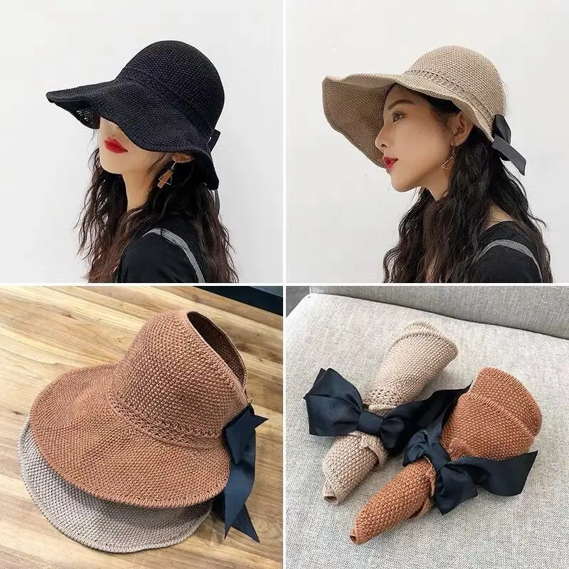 

2022 Fashion New Spring Summer Sun Hat Girls Empty Top Hat Beach Big Brim Sunscreen Ladies Bow Tie Breathable Hats for Women