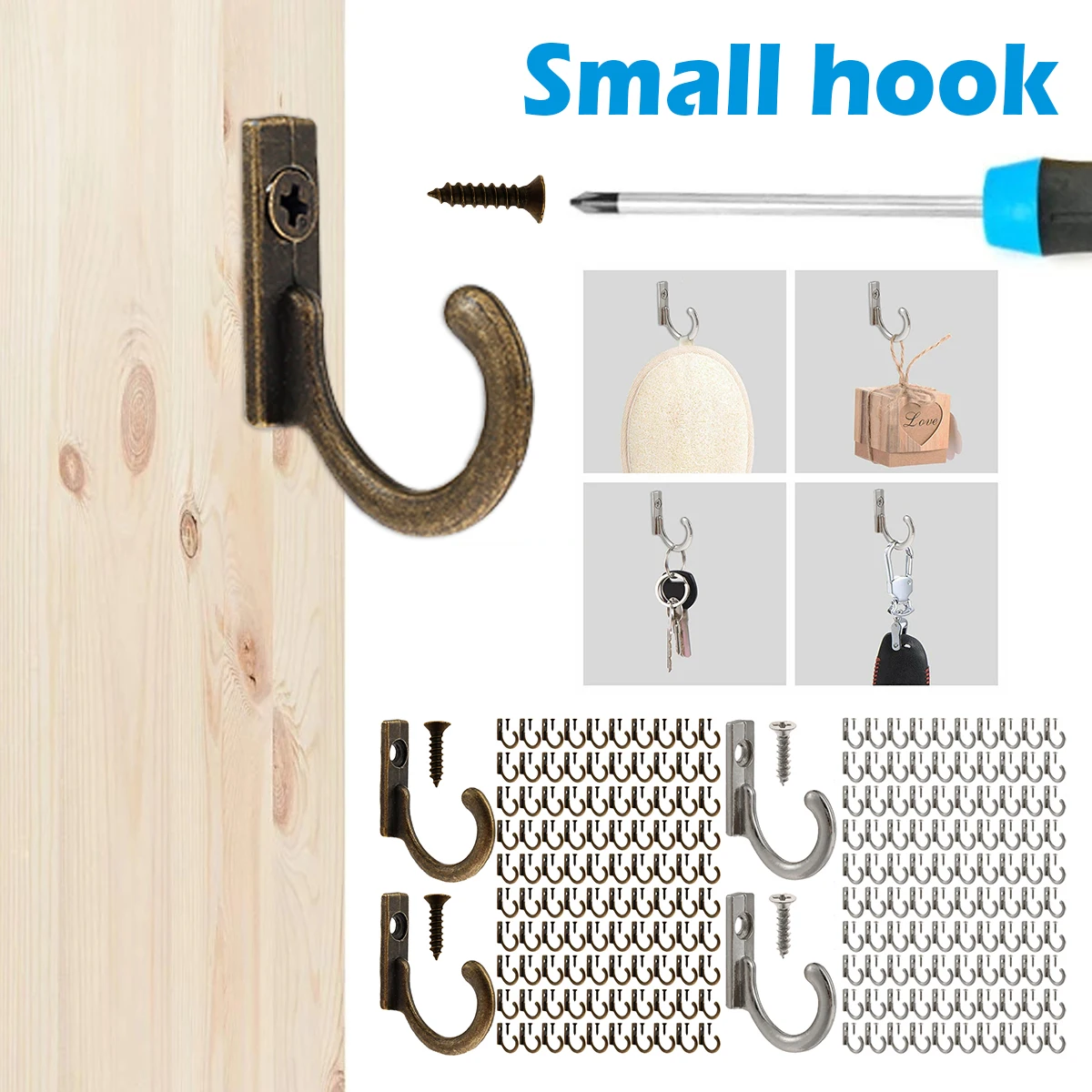 

100pcs Single Robe Hooks Set Coat Hook Hanger with 100 Screws Door Wall Mounted Cloth Hook Single Metal Hooks Hanger for Hanging