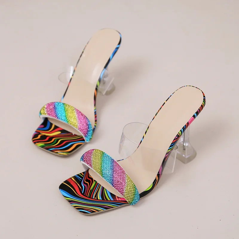 

Новинка 2023, модные шлепанцы на высоком каблуке, шлепанцы на высоком каблуке со стразами, элегантные пляжные шлепанцы для женщин