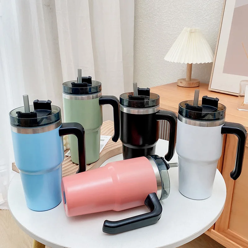 

20/30OZ Creative Handgrip Brief Coffee Cup Car Cup Beer Cup Stainless Steel Double Wall Vacuum Cup Straw Type Thermoses Bottles