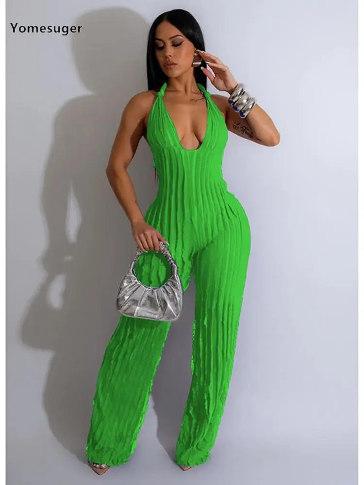 

Yomesuger Wave Texture Sexy Halter Bandage Backless Wide Leg Jumpsuit Women Autumn 2023 Fashion Street One Piece Rompers Overall