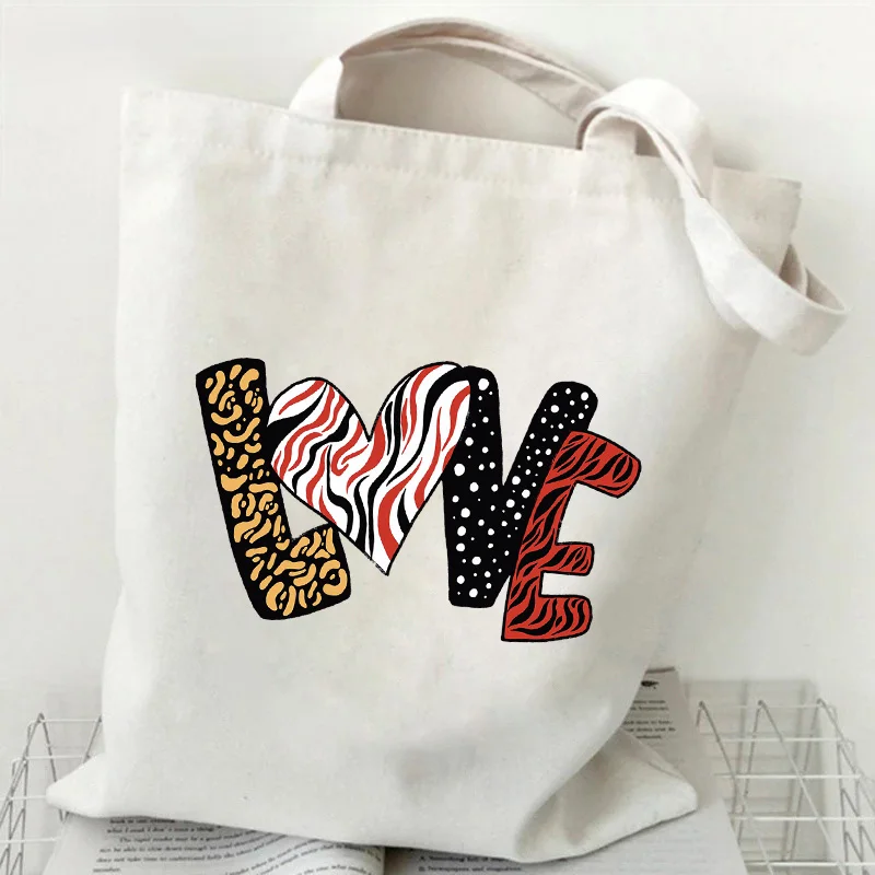 

Shopper Bags women Leopard Love Printed Tote Bag Graphics Shoulder Bag Funny handbag reusable shopping bag Lady gift Canvas Bags
