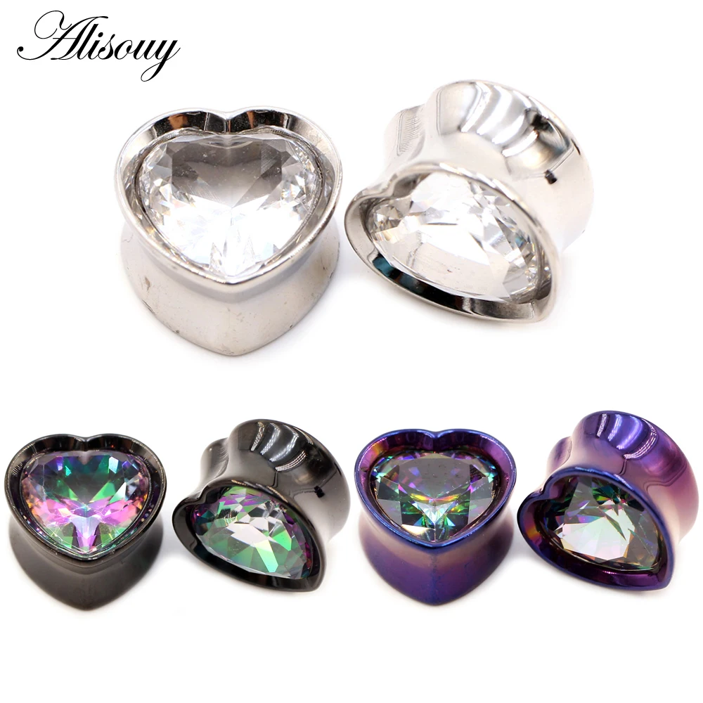 Расклешенные туннели Alisouy из нержавеющей стали с кубическим цирконием в виде любящего сердца, расширитель заглушек для ушей, растягиватель, измерители, украшения для пирсинга тела, 1 шт., 8-25 мм