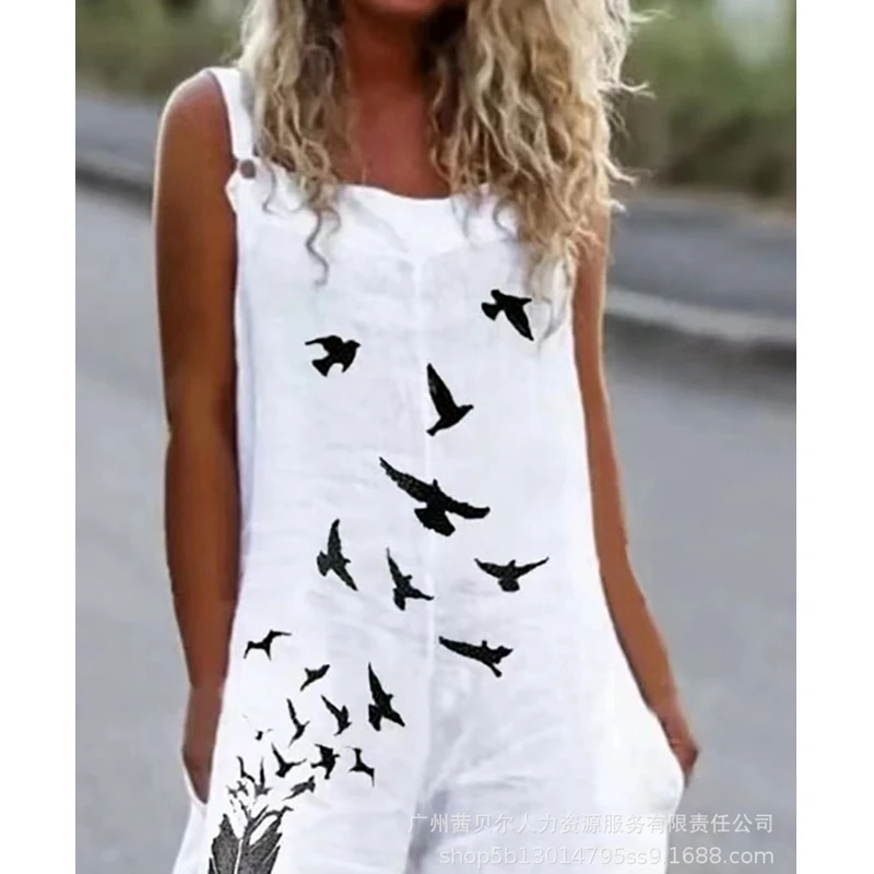 Women Jumpsuits Summer Sexy Printed Loose Pockets Jumpsuits Women's Spaghetti Strap Square Collar Backless Vintage Jumpsuits