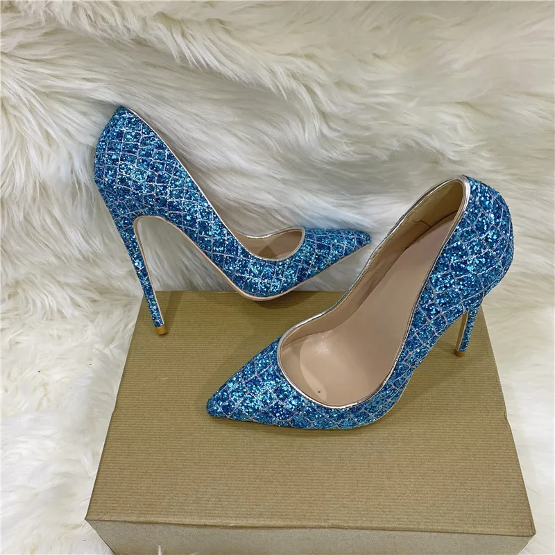 

fashion sexy Women Pumps Sequined Cloth 12CM Thin high heels Pointed Toe Shallow Slip-On rhinestone Party Wedding Shoes Blue