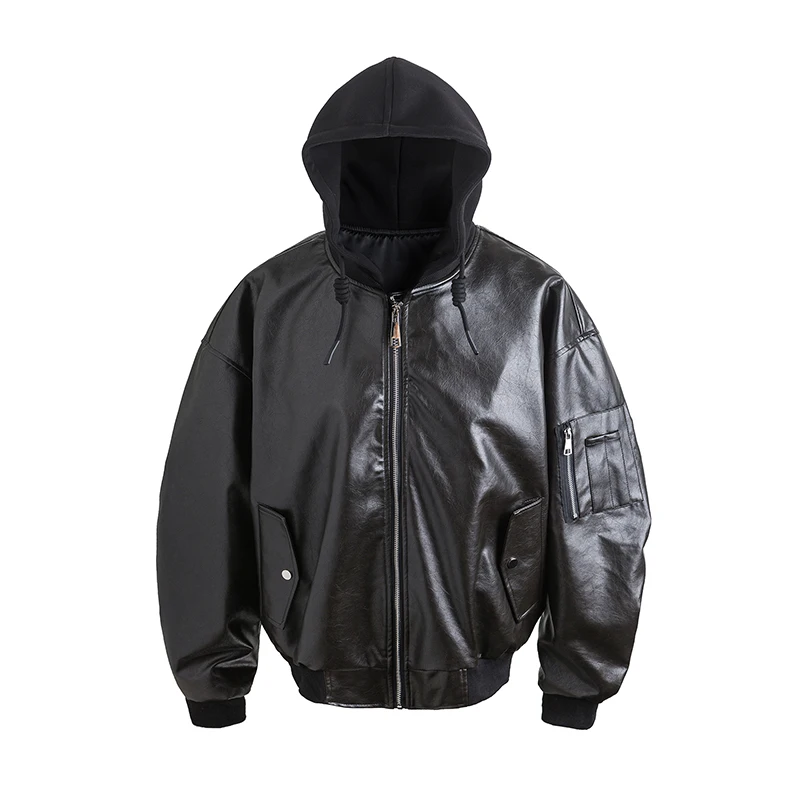 Куртка мужская кожаная с капюшоном свободная повседневная модная уличная