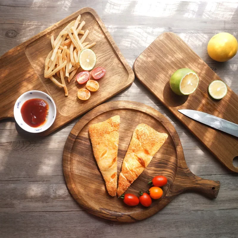 

Round Pizza Plate Western Food Wooden Board Steak Tray Acacia Wood Dessert Plate Solid Wood Tray With Handle Bread Dinnerware