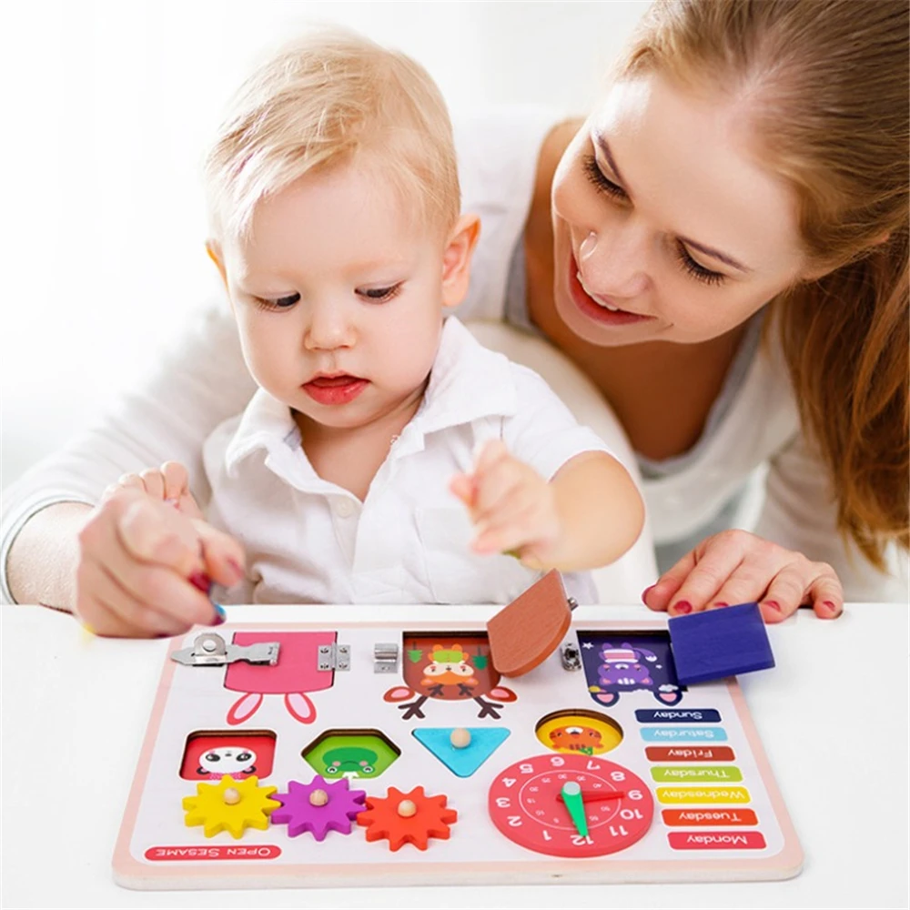 

Montessori Train Ability Shape Matching Lock Cognition Cube Toys Activity Busy Board Puzzle Early Educational Sensory Board Kids