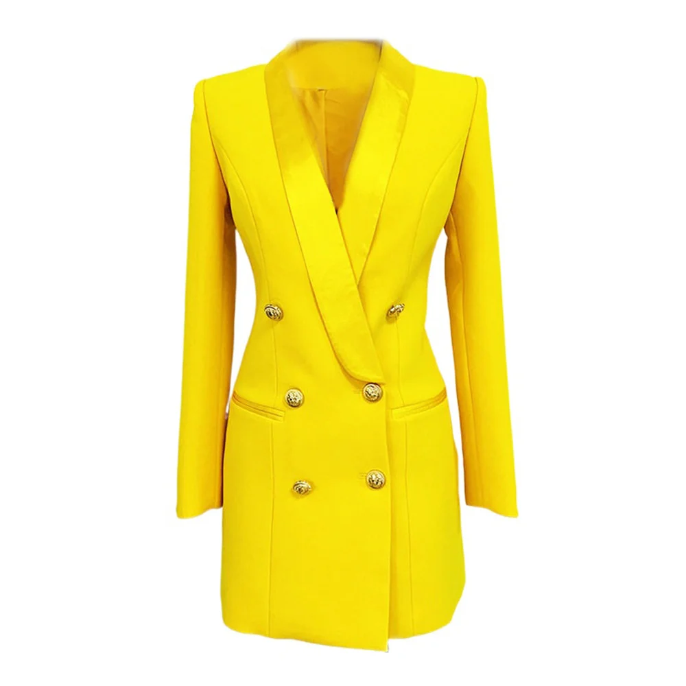 Yellow Women Long Blazer Dress High Quality 2023 Spring New Jacket Double Breasted Button Satin Collar Femal Formal Blazer Suit